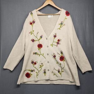 J Jill Sweater Women 2X Beige Floral Cardigan Wool Blend